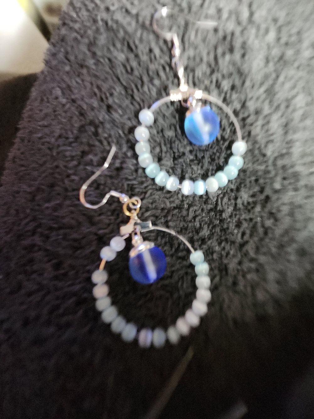 Blue Beaded Hoop Earrings with Deep Blue Accent Bead